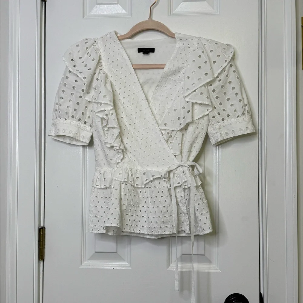 J. Crew White Puff Sleeve Wrap Blouse